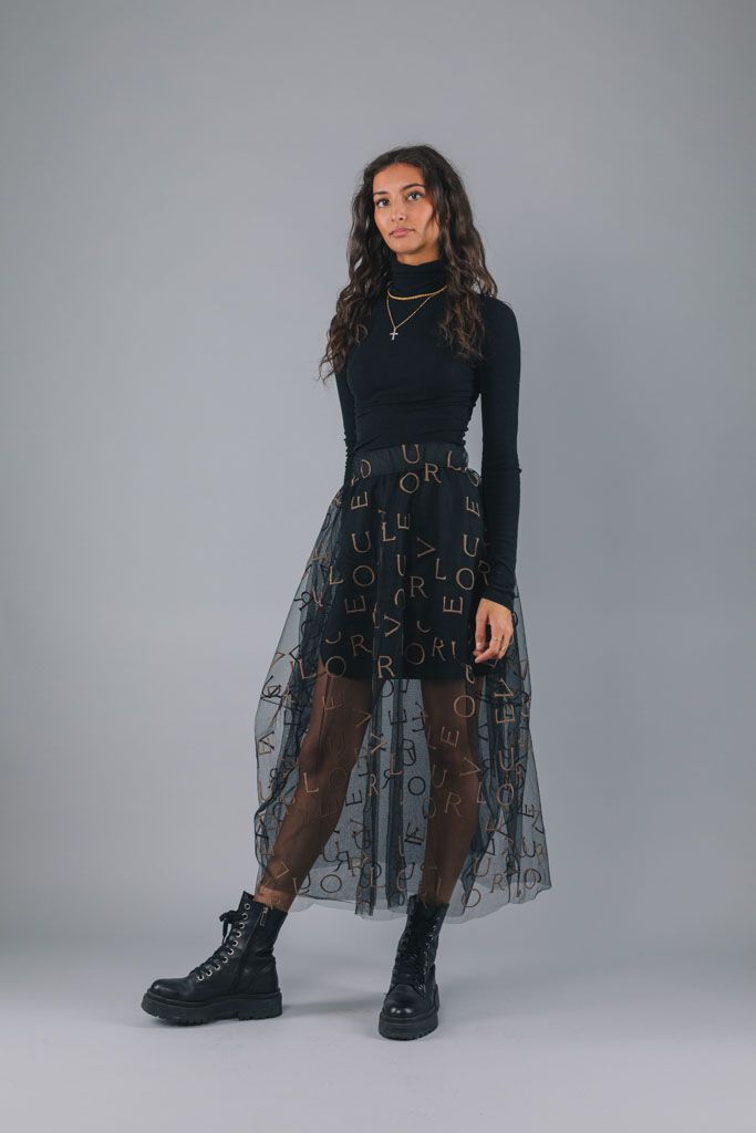 transparant kjol, tyll med text